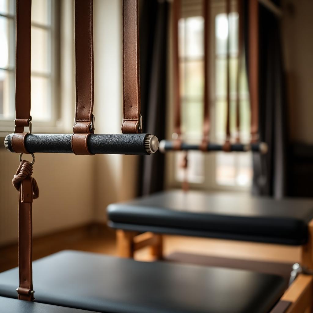 Leather straps and springs on a Pilates reformer carriage