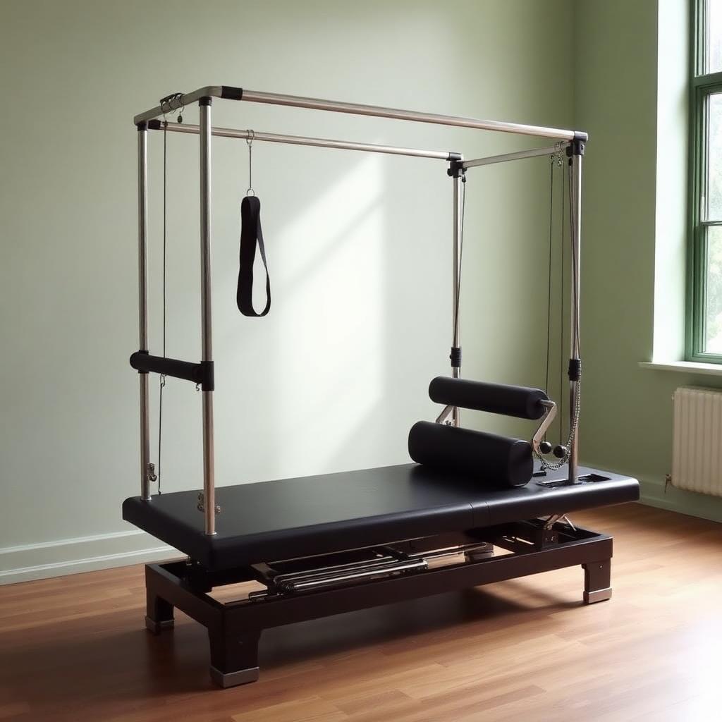 A Pilates reformer tower with springs and straps beside a window