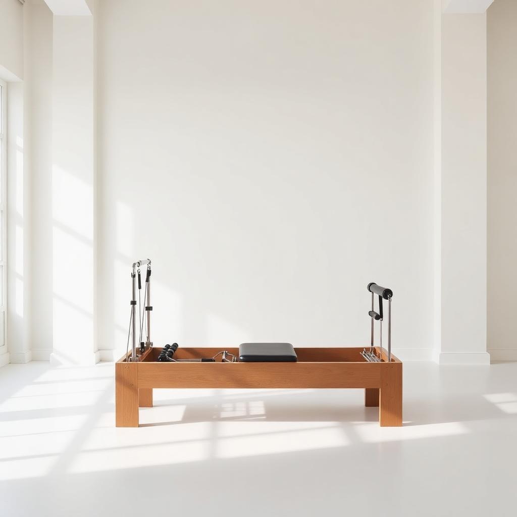 A wooden Pilates reformer machine in a bright, empty studio
