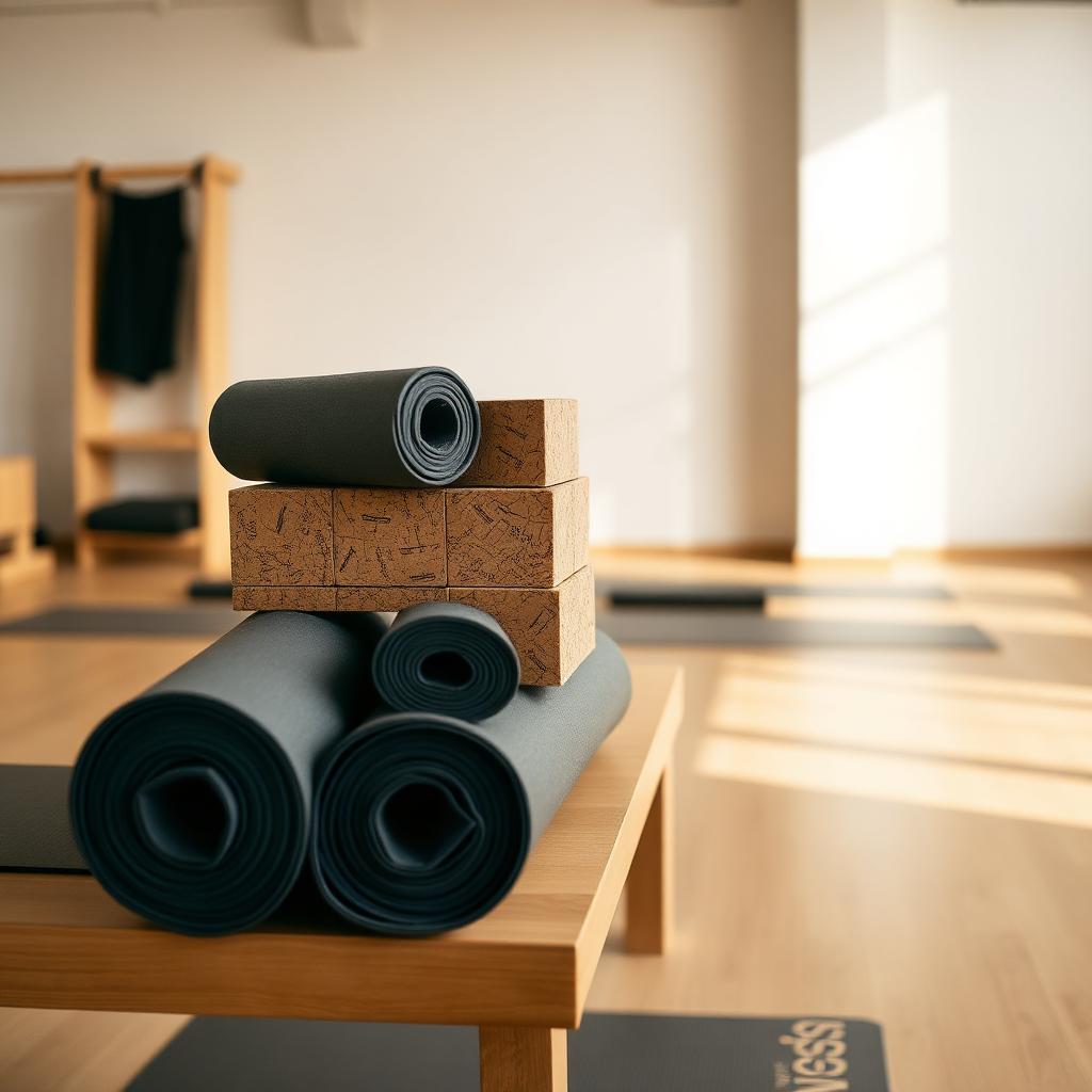 Rolled exercise mats and cork blocks stacked on a wooden bench