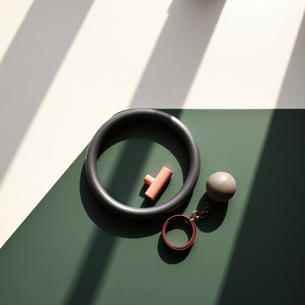 Pilates props: a magic circle, hand weight, ball and resistance band on a mat